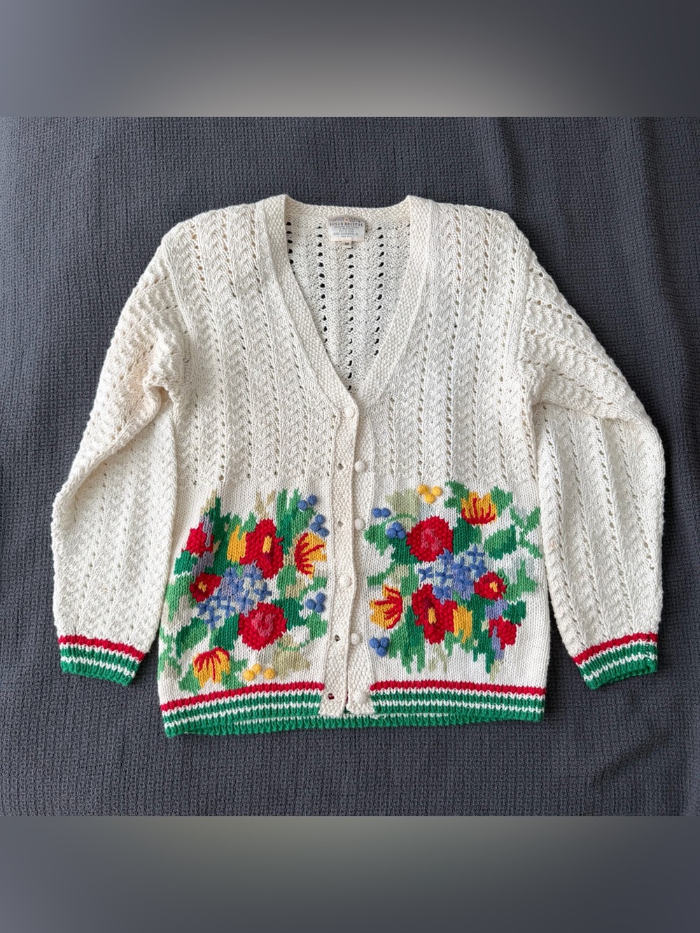 Vtg Susan Bristol Knit Cardigan Sweater M Cream Floral Crochet Grandmacore 90s